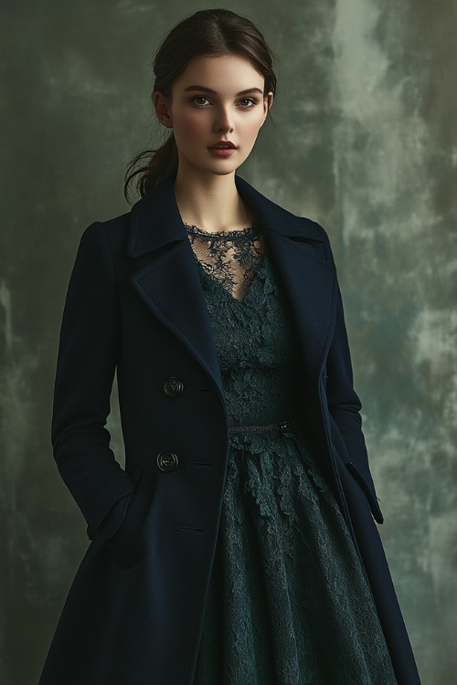 A woman in a forest green A-line dress with lace detailing, paired with a tailored navy blue pea coat, posing in a studio with subtle frosted decor and a neutral backdrop