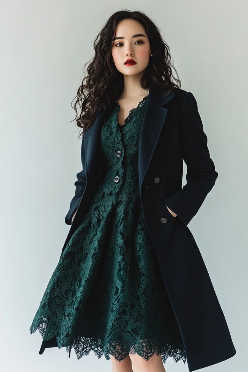 A woman in a forest green A-line dress with lace details, paired with a tailored navy pea coat,