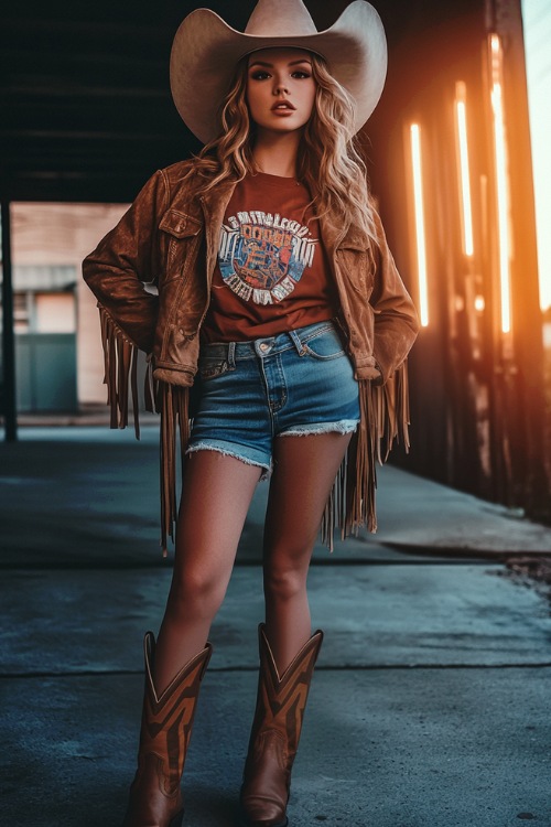 A woman in a fringe suede jacket, a graphic tee, denim shorts, and cowboy boots