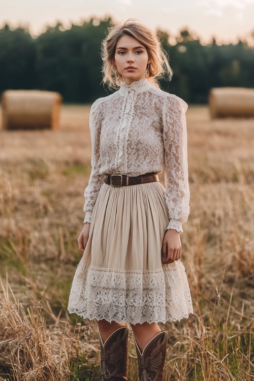 A woman in a lace blouse, a midi skirt, and western ankle boots