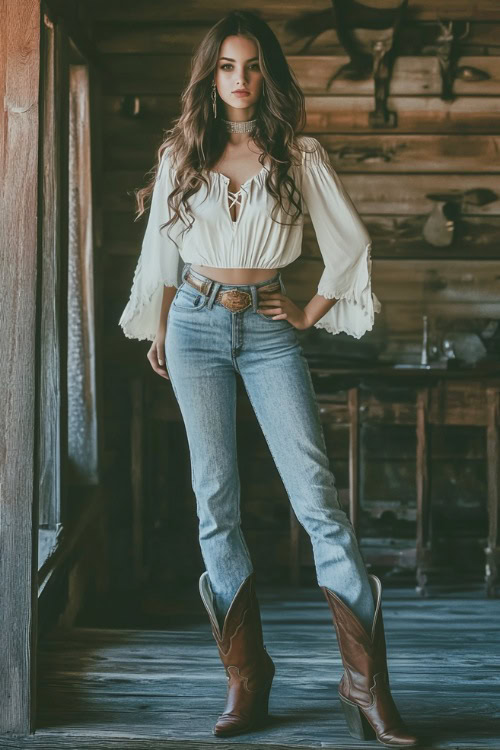 A woman in a lightweight white blouse, high-waisted flared jeans, and western ankle boots