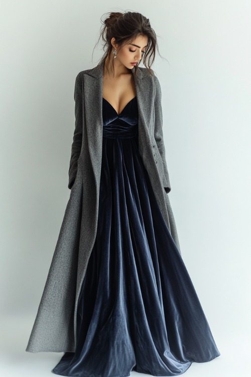 A woman in a navy blue velvet gown with a sweetheart neckline, styled with a gray wool coat