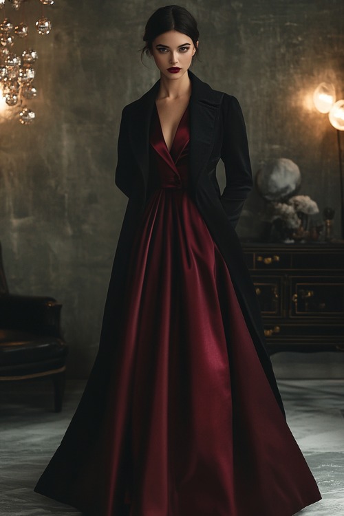 A woman in a rich burgundy satin gown with a V-neckline, styled with a structured black trench coat (2)