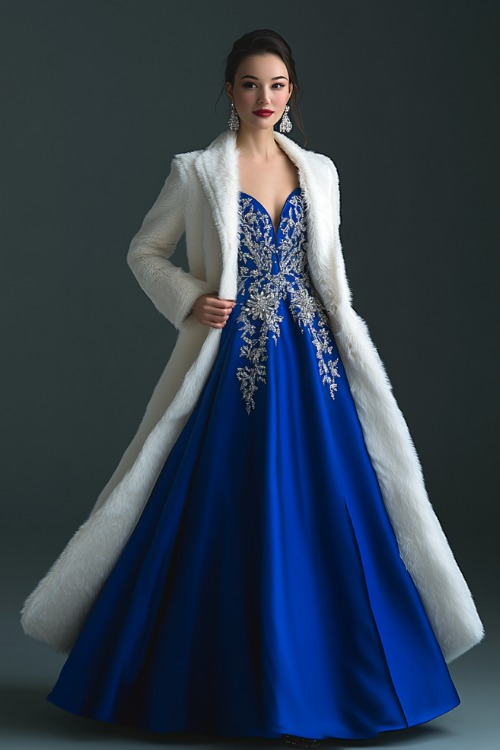 A woman in a royal blue A-line gown with crystal embellishments styled with a white faux-fur trimmed coat (2)