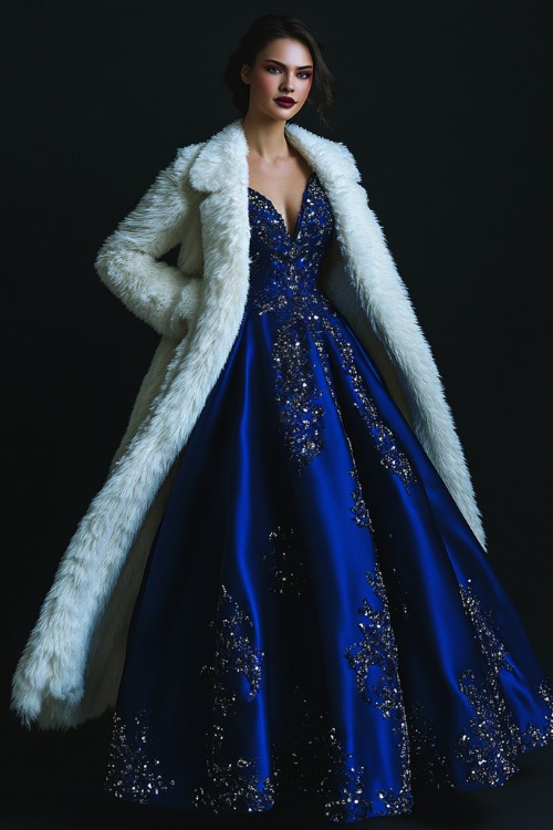 A woman in a royal blue A-line gown with crystal embellishments styled with a white faux-fur trimmed coat