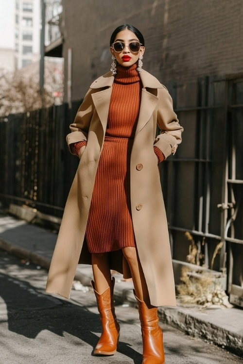 A woman in a tailored trench coat, a midi sweater dress, and heeled cowboy boots, accessorized with bold earrings