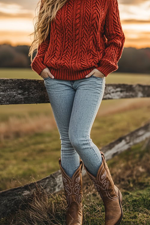 A woman in a thick, cozy red knit sweater with a cable pattern, loosely tucked into light-wash skinny jeans. She wears classic brown cowboy boots with detailed stitching