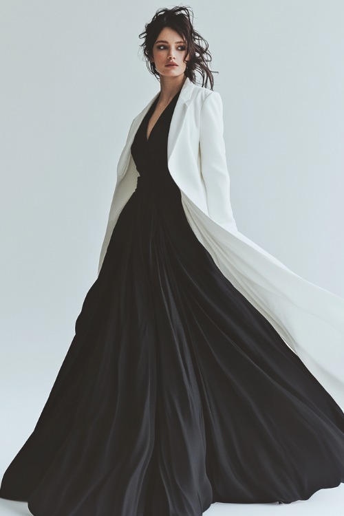 A woman wearing a black floor-length satin gown paired with a tailored white wool coat, posing in a simple studio with a clean white background