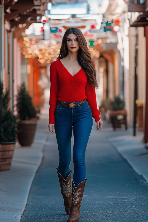 A woman wearing a bright red v-neck sweater with a slightly loose fit, tucked into high-rise flared blue jeans. The look is completed with embroidered brown cowboy boots (2)