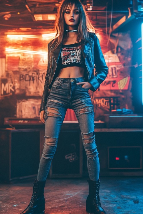 A woman wearing a cropped leather jacket, a graphic tee, distressed skinny jeans, and combat boots, accessorized with a choker necklace