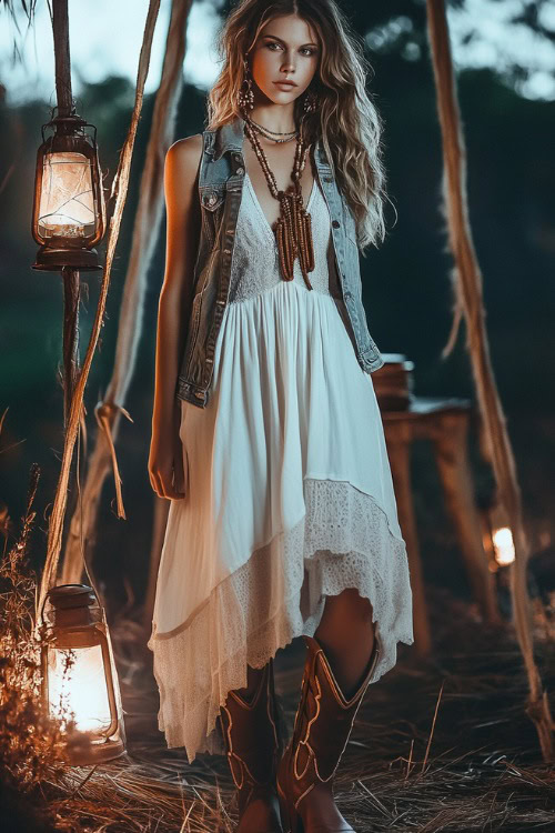 A woman wearing a flowy white maxi dress with a denim vest and brown cowboy boots