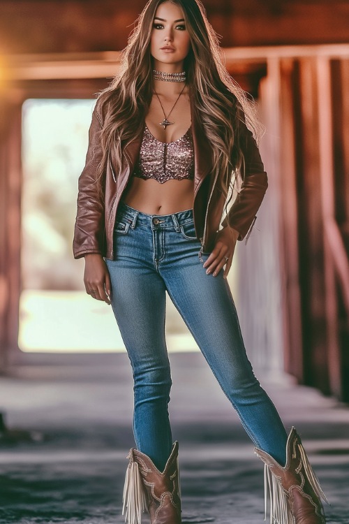 A woman wearing a leather jacket over a metallic camisole, paired with straight-leg jeans and fringe cowboy boots, accessorized with a bold choker necklace