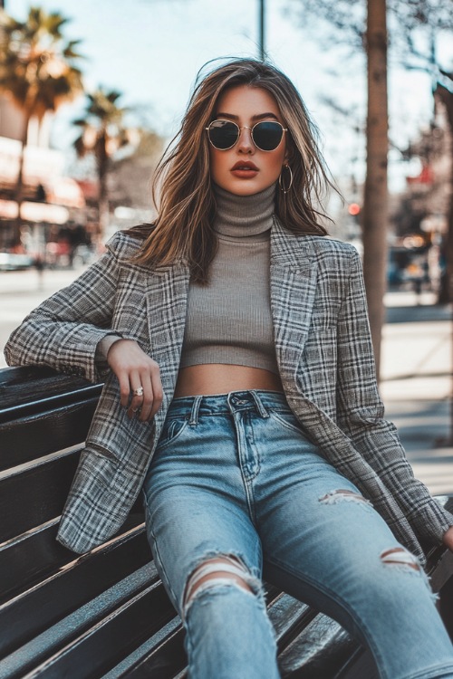 A woman wearing a plaid blazer, a turtleneck crop top, distressed jeans