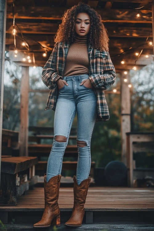 A woman wearing a plaid flannel shacket over a turtleneck, high-waisted skinny jeans, and tall cowboy boots