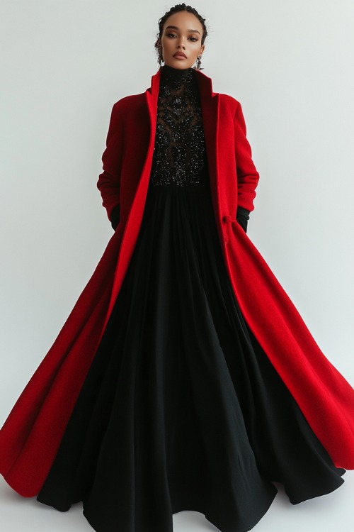 A woman wearing a sleek black gown with a high neckline and embellishments, styled with a cropped red wool coat, posing confidently in a minimalist studio