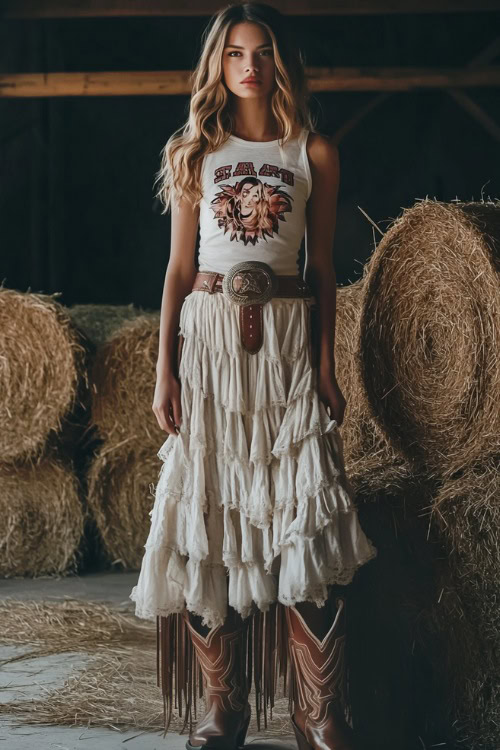 A woman wearing a sleeveless graphic tee tucked into a tiered ruffle skirt, paired with fringe cowboy boots and a leather belt