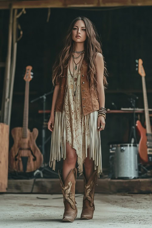 A woman wearing a suede fringe vest, a flowy dress, and western boots (2)