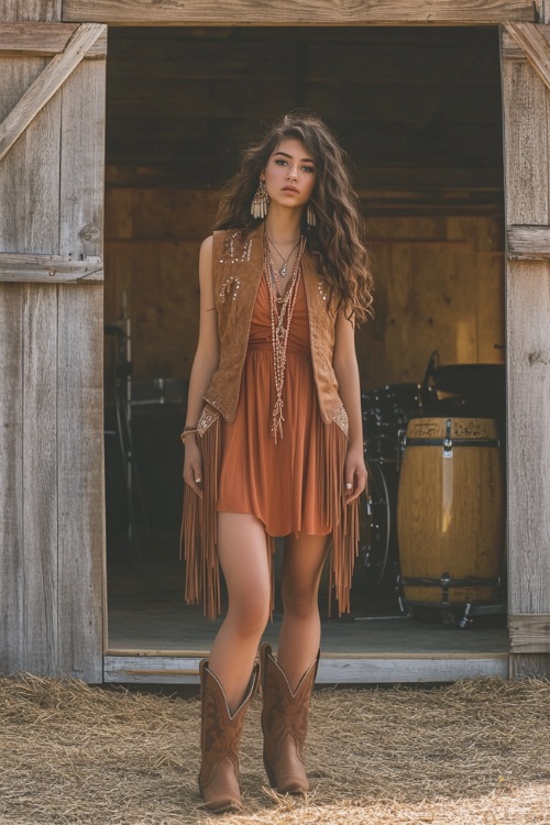 A woman wearing a suede fringe vest, a flowy dress, and western boots