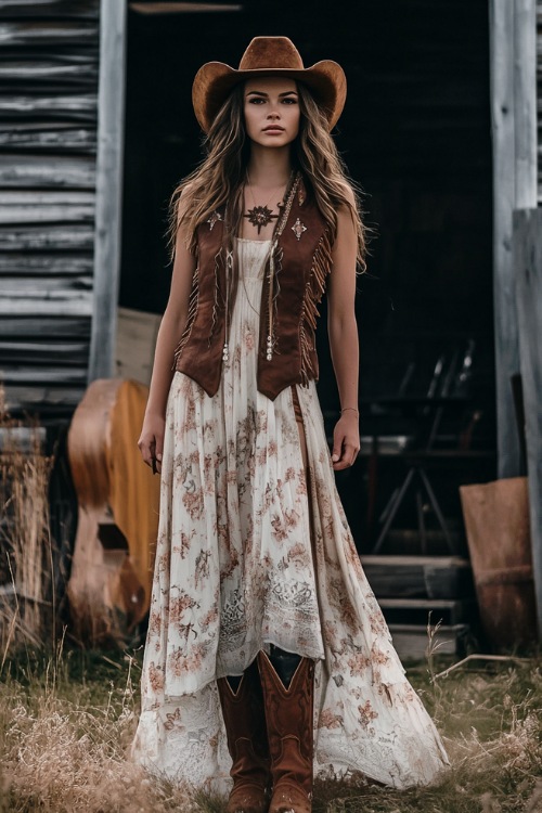 A woman wearing a suede fringe vest, a flowy maxi dress, and western boots