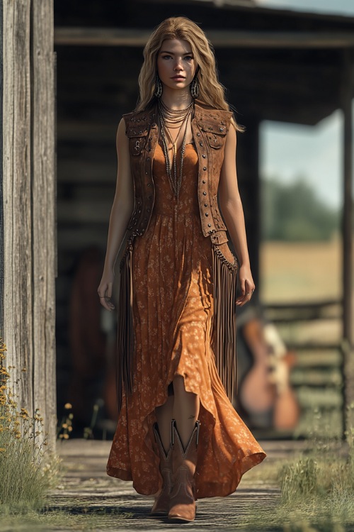 A woman wearing a suede fringe vest, a flowy maxi dress, and western boots