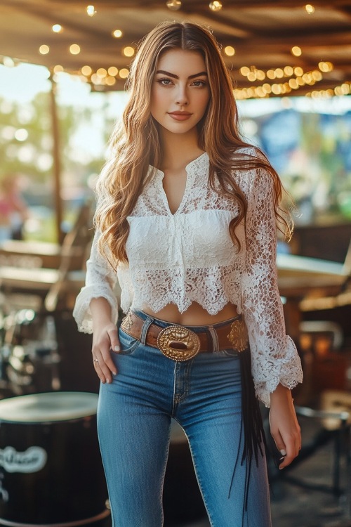 A woman wearing a white lace blouse tucked into bootcut jeans, accessorized with a fringe belt and tall cowboy boots