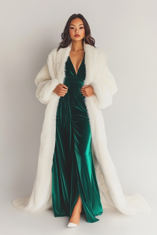 A woman wearing an elegant emerald green velvet midi dress with long sleeves and a luxurious white fur coat draped over her shoulders