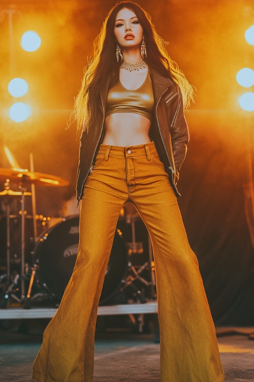 A young woman dressed in a metallic tank top, a faux leather jacket, flared trousers, and platform boots, accessorized with bold earrings