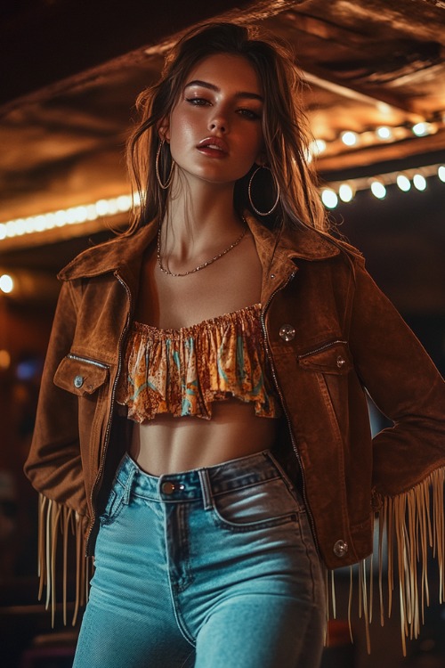 A young woman in a cropped suede fringe jacket, a flowy boho blouse, skinny jeans, and studded cowboy boots