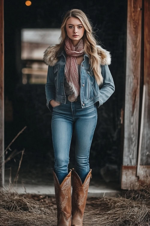 A young woman in a fur-trimmed denim jacket, bootcut jeans, and tall cowboy boots, accessorized with a scarf