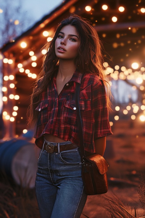 A young woman in a lightweight flannel shirt, cropped distressed jeans, and tall western boots, accessorized with a leather crossbody bag