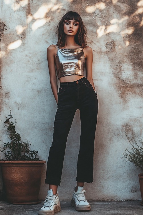 A young woman in a metallic tube top, cropped black trousers, and platform sneakers, accessorized with a crossbody bag