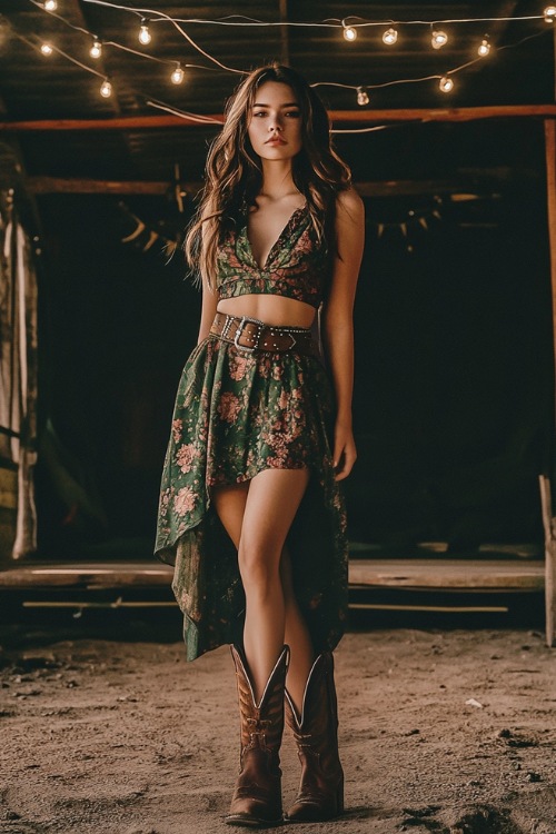 A young woman in a sleeveless boho dress, a leather belt, and cowboy boots