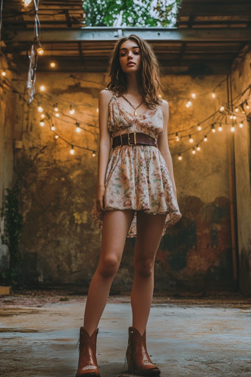 A young woman in a sleeveless boho dress, a leather belt, and cowboy boots