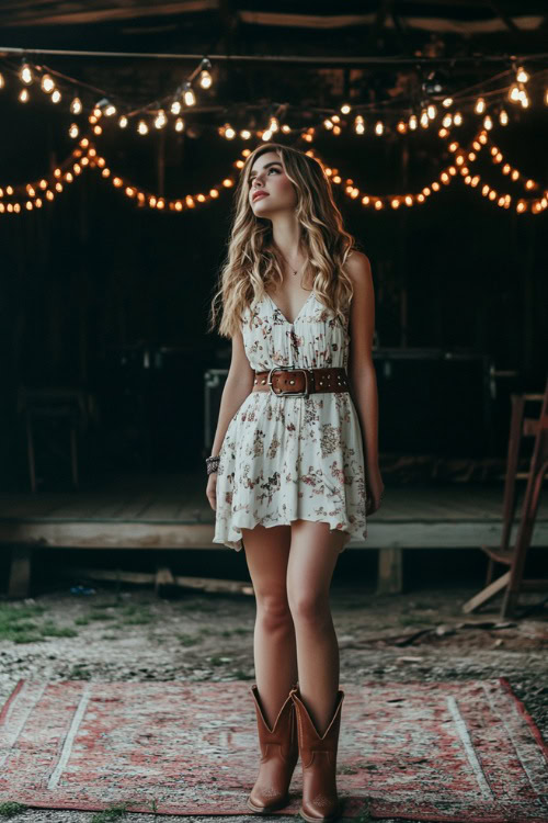 A young woman in a sleeveless boho dress, a leather belt, and cowboy boots