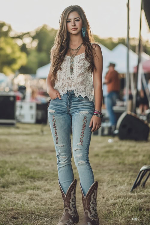 A young woman in a sleeveless boho lace top, distressed jeans, and embroidered cowboy boots