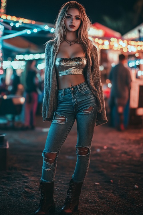 A young woman in a sleeveless metallic top, a cropped cardigan, distressed jeans, and ankle boots (2)