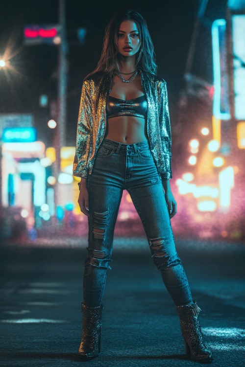 A young woman in a sleeveless metallic top, a cropped cardigan, distressed jeans, and ankle boots