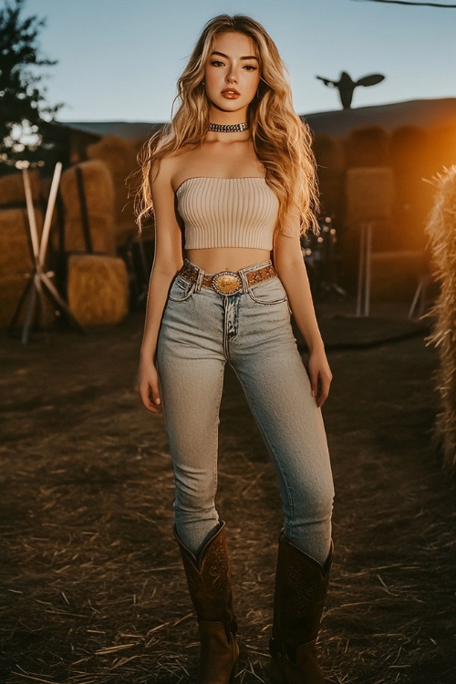 A young woman in a sleeveless ribbed top, high-waisted cropped jeans, and ankle cowboy boots, accessorized with a bold choker necklace (2)