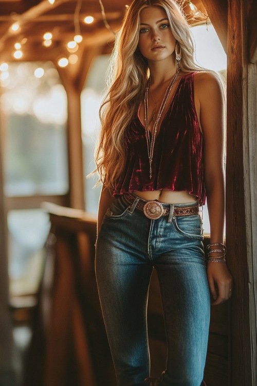 A young woman in a sleeveless velvet blouse, high-waisted flared jeans, and studded cowboy boots