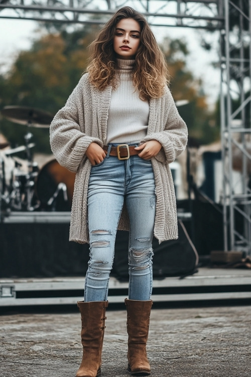 A young woman in an oversized cardigan, a fitted turtleneck, skinny jeans, and suede ankle boots, accessorized with a wide leather belt