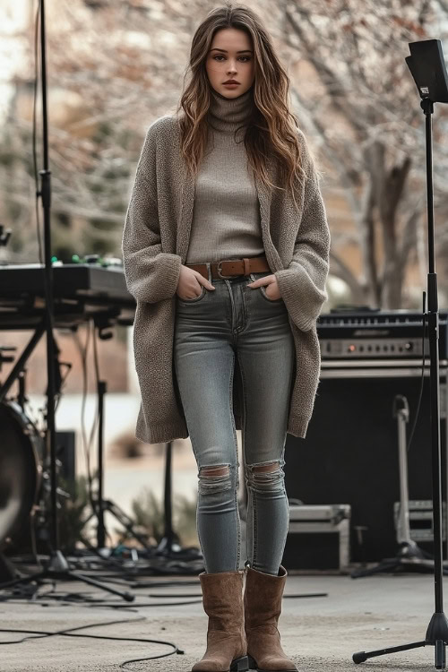 A young woman in an oversized cardigan, a fitted turtleneck, skinny jeans, and suede ankle boots, accessorized with a wide leather belt (2)