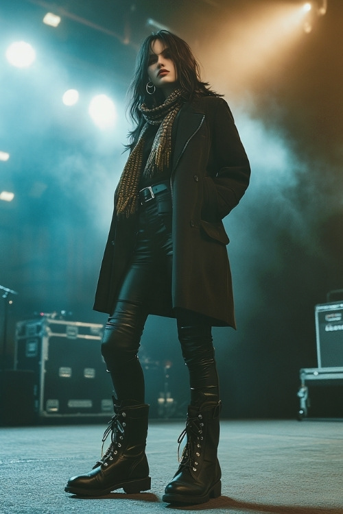 A young woman wearing a belted wool coat, faux leather leggings, and lace-up boots (2)