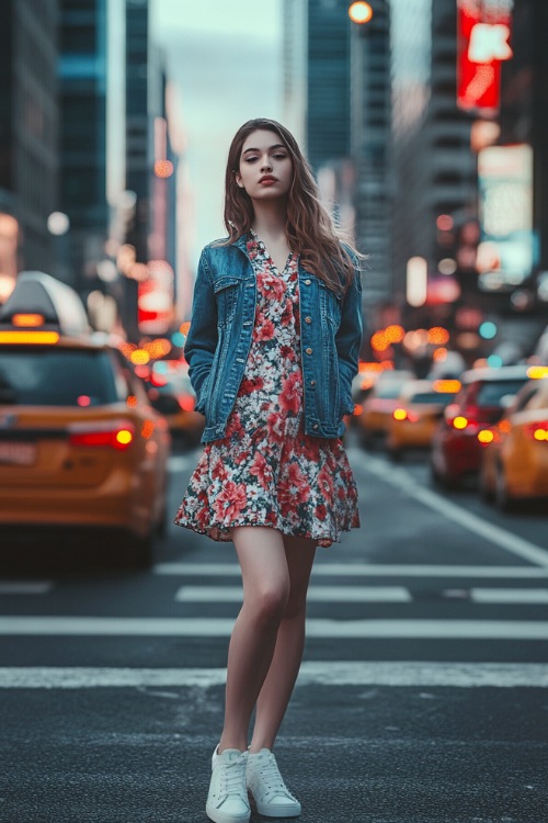 A young woman wearing a denim jacket, a floral midi dress, and white sneakers