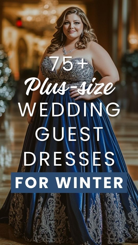 a plus size woman wears a navy off the shoulder embellished wedding guest dress for winter