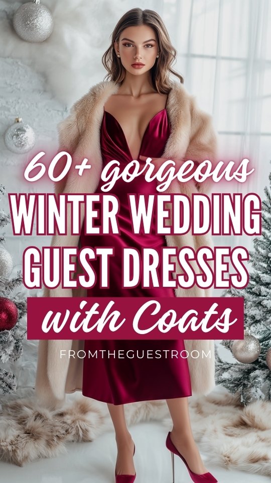 a woman wears a burgundy winter wedding guest dress with a long white coat