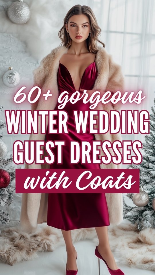 a woman wears a burgundy winter wedding guest dress with a warm coat