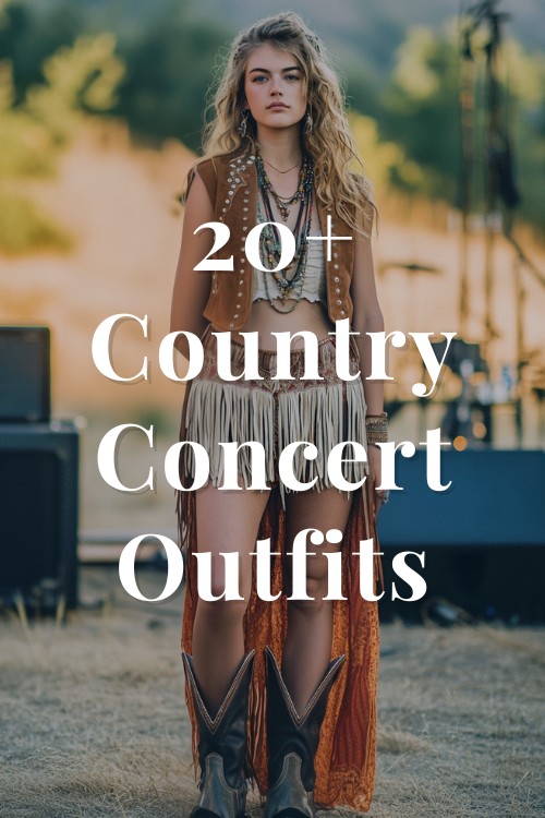 a woman wears a country concert outfit with a suede vest, crop top, fringe bottom and cowboy boots