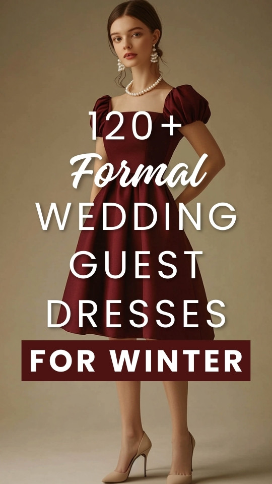 a woman wears a deep red wedding guest dress with puff sleeves for winter