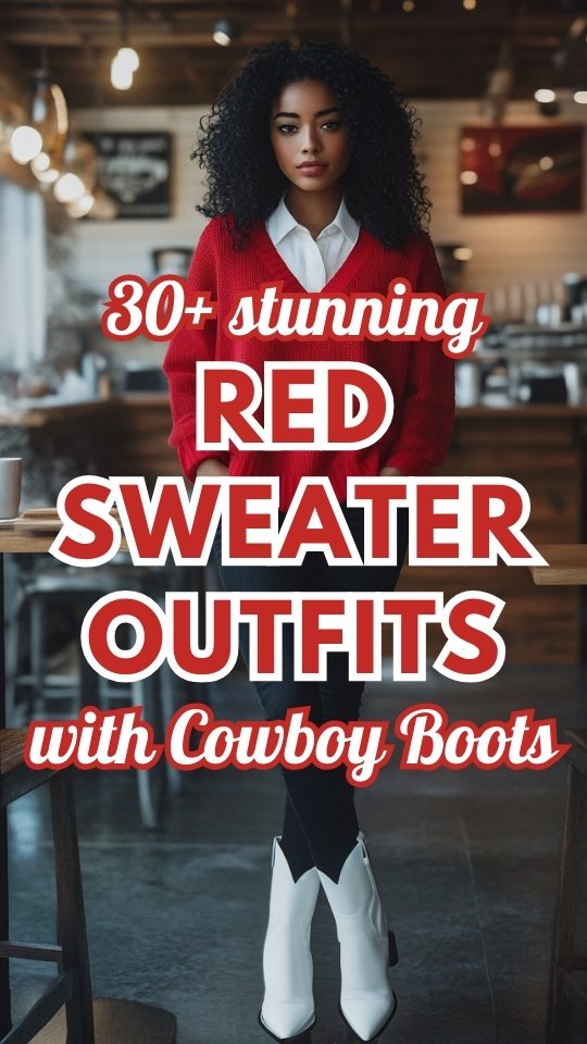 a woman wears a red sweater, jeans and white cowboy boots