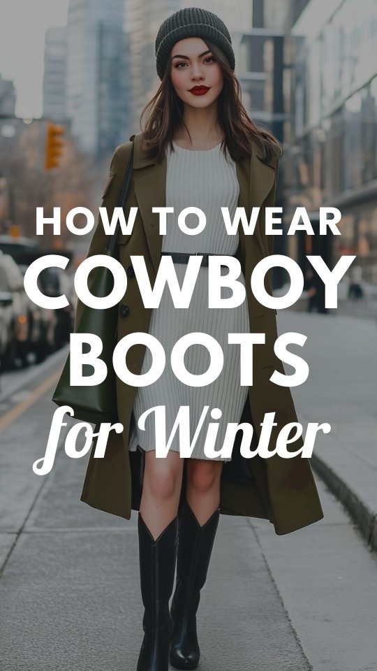 a woman wears black cowboy boots, a white sweater dress with a coat for winter